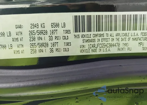 2017 Jeep Grand Cherokee Overland z USA, uszkodzony, nr VIN 1C4RJFCG5HC904470